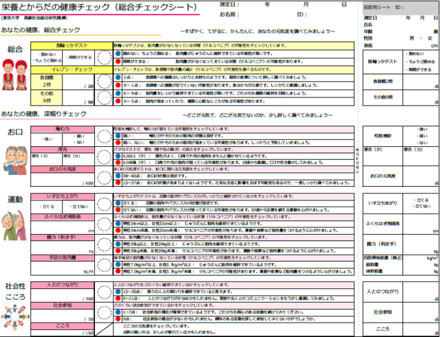 図4：栄養とからだの健康チェック（総合チェックシート）表。指輪っかテスト、イレブンチェックの他に口腔・運動・社会性についてチェックする。