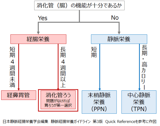 図：栄養療法の選択の基準における胃ろうの選択を示すフローチャート。経管栄養の機関が４週間以上と長期になる場合は胃ろうが第一選択であることを示す。