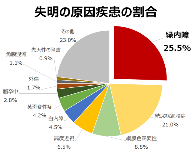 グラフ：失明の原因疾患の割合を示すグラフ。割合は表の通り