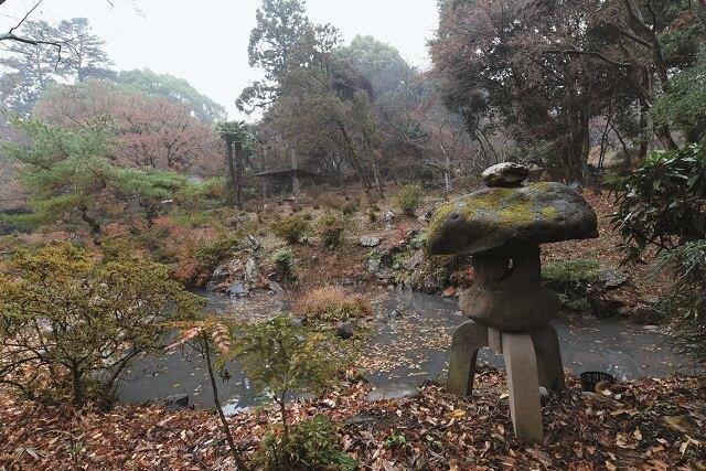 写真4：池や灯篭があり、野山が広がる園庭の様子を表す写真。