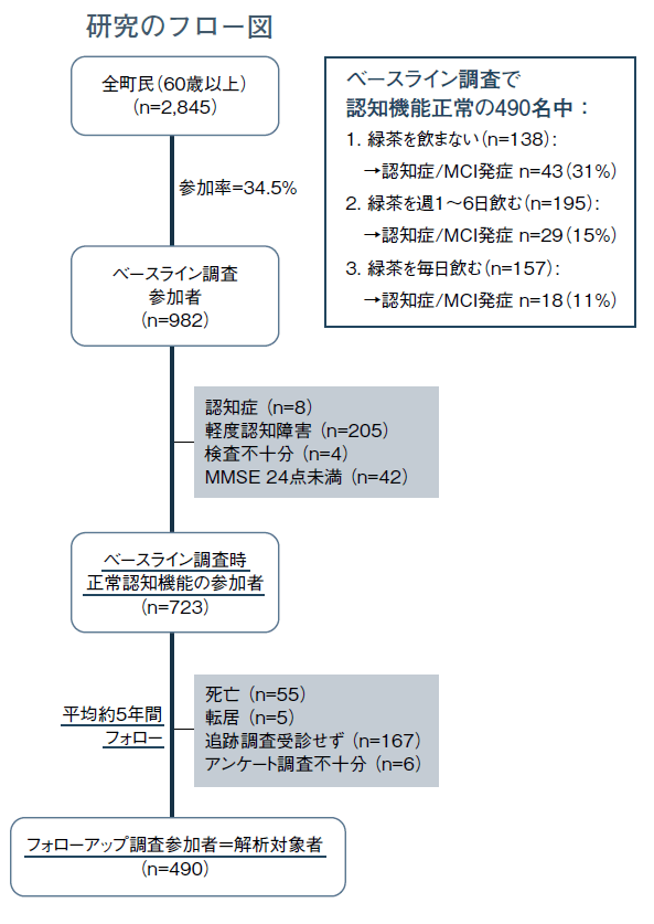 図3：「なかじまプロジェクト」における食生活と認知症・軽度認知障害発症との関連についての研究を示すフロー図。