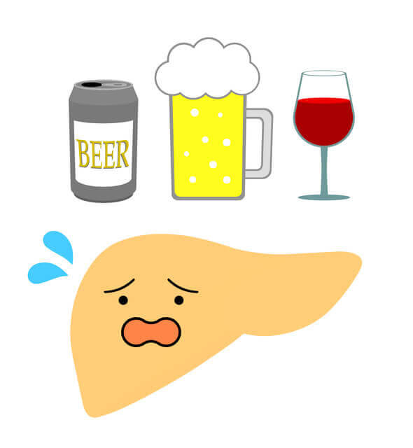 長期にわたる飲酒が原因で肝臓障害を引き起こした様子を表すイラスト。適量の酒はどんな良薬よりも効果があると言われ、少量の飲酒はリラックスでき、健康にも良いとされています。適量を守り、休肝日をもうけながら、お酒を楽しむことが大切です。