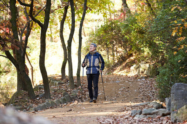 高齢者男性が趣味の登山を楽しんでいる写真。高齢者の男性が趣味や社会参加を通して生きがいを感じ、人生の目標を持ち続けることが大切です。