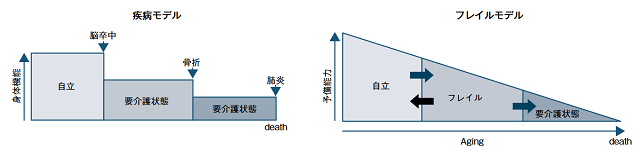 要介護状態に至るまでを疾病モデルと区別し、フレイルが体の予備能力低下によるADL障害の前段階であると定義された図