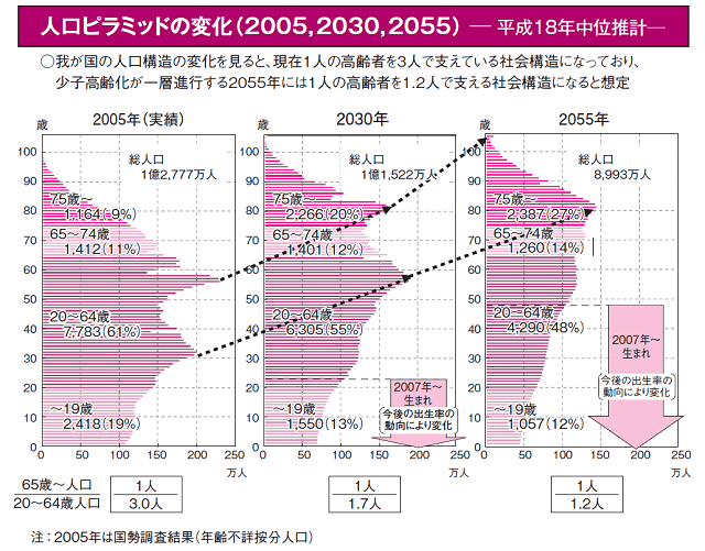 図1：人口ピラミッドの変化を2005年の実績をもとに、2030年、2055年の推計を示す図。