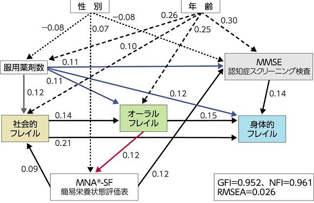 図3、パス解析による各フレイル、フレイル関連因子とオーラルフレイルの関係を表す図。