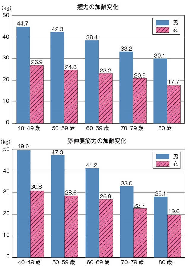 図6：40代から80歳以上の年代別による握力と膝伸展筋力の加齢変化をそれぞれ示す図。加齢により下肢の筋力は急速に低下することがわかる。