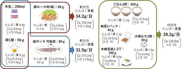 図３：70歳以上男性のたんぱく質摂取量を満たす食事の例。