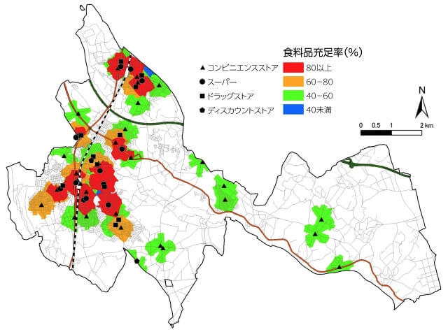 図2、食料品充足率を加味した食料品アクセスマップを表す図。