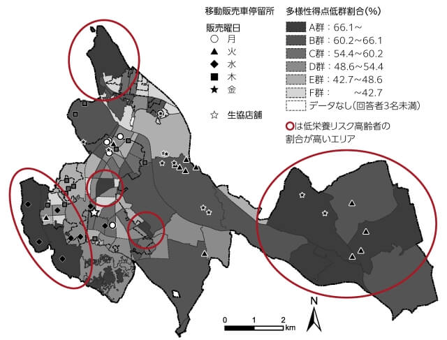 図3、A市における低栄養リスク高齢者の町丁目割合および移動販売車停留所を表す図。