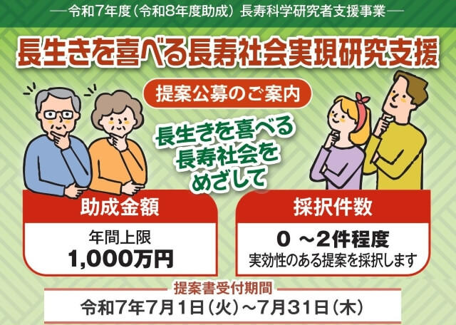 図:令和8年度長生きを喜べる長寿社会実現研究支援の提案公募のご案内チラシの画像